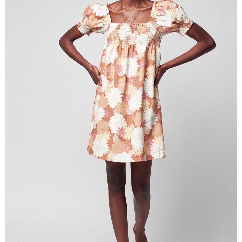 Faherty Ramona Organic Cotton Floral Smocked Mini Dress Peach Cream Large